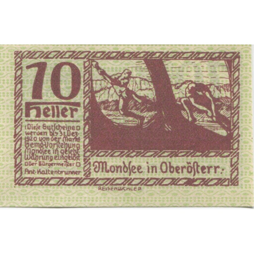 Banknote, Austria, Mondsee, 10 Heller, personnage, 1920 UNC(63) Mehl:FS 626c1