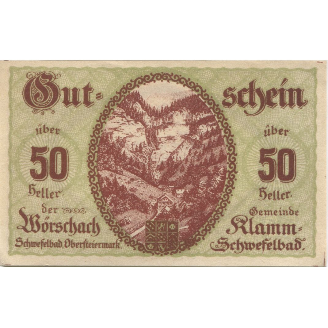 Banknote, Austria, Klamm, 50 Heller, montagne, 1920 UNC(63) Mehl:FS 453