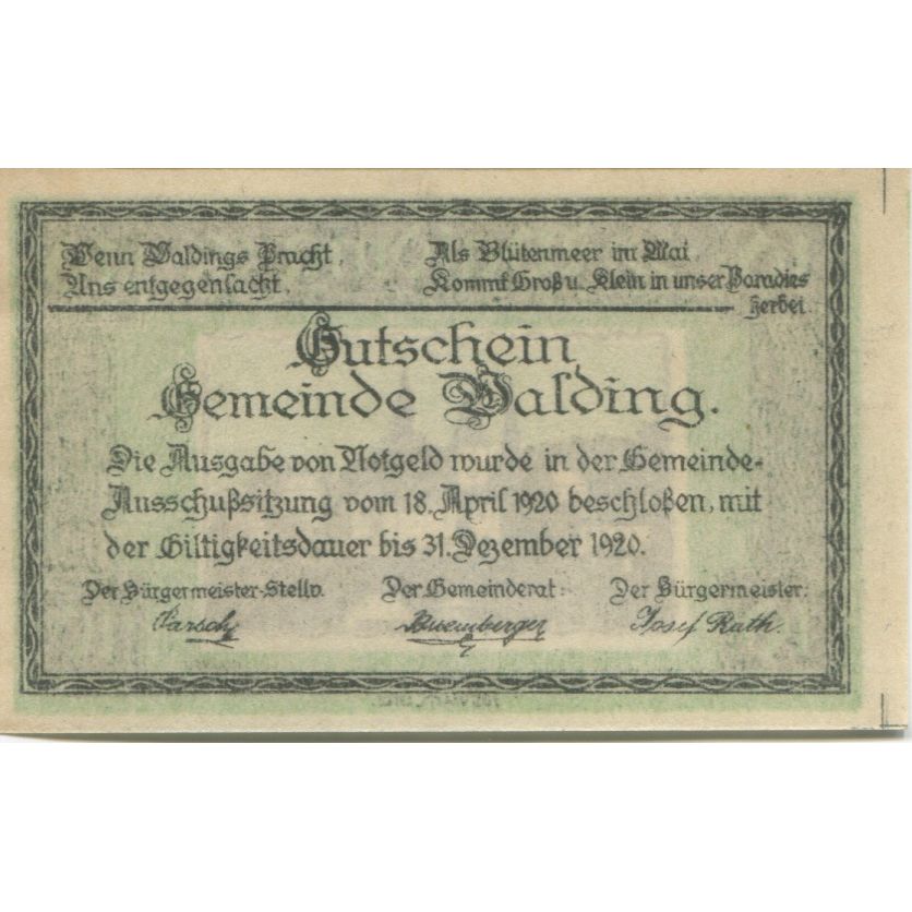 Banknote, Austria, Walding, 10 Heller, village, 1920 UNC(63) Mehl:FS 1132c