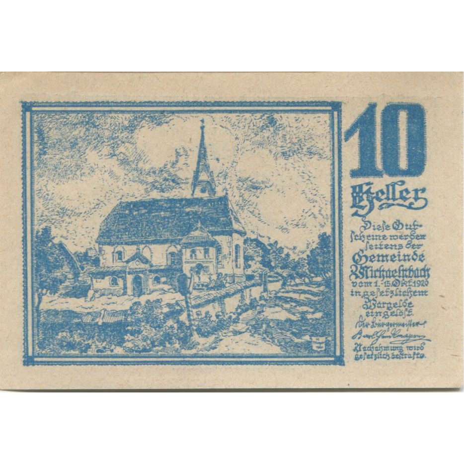 Banknote, Austria, Michaelnbach, 10 Heller, paysage, 1920 UNC(63) Mehl:FS 611