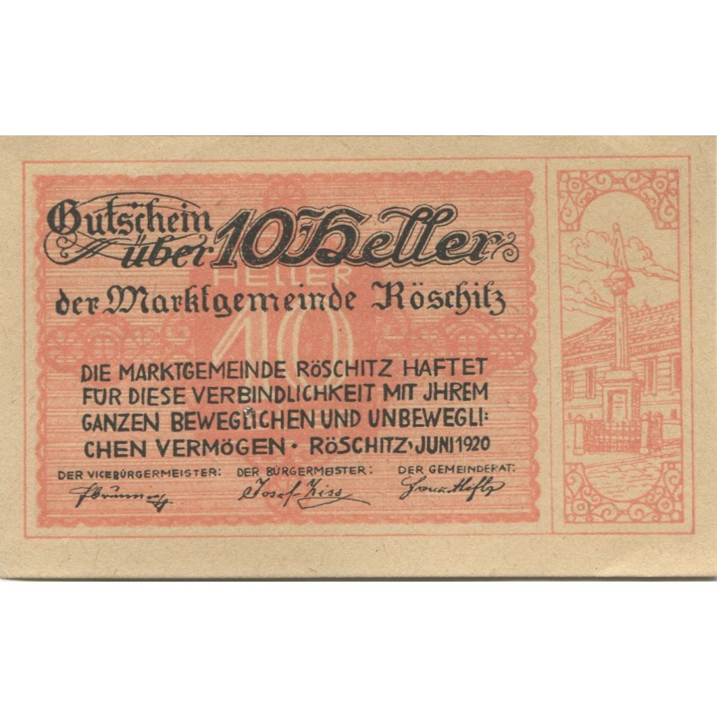 Banknote, Austria, Roschitz, 10 Heller, Monument 1920-09-15, UNC(63) Mehl:FS 844