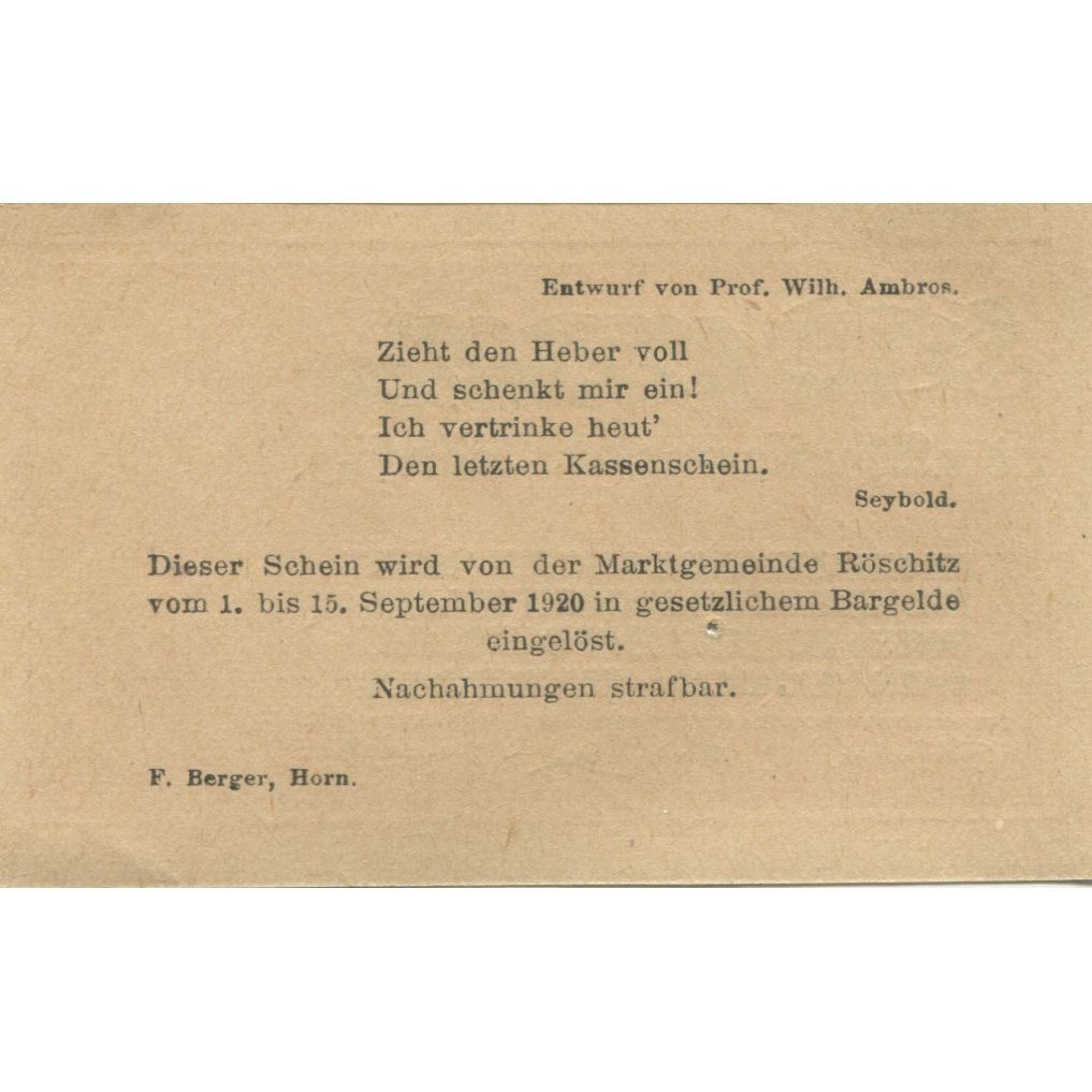 Banknote, Austria, Roschitz, 10 Heller, Monument 1920-09-15, UNC(63) Mehl:FS 844