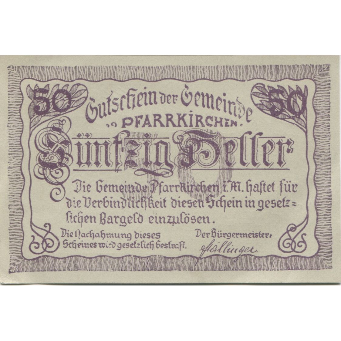Banknote, Austria, Pfarrkirchen, 50 Heller, village, 1920 UNC(63) Mehl:FS 744Ic
