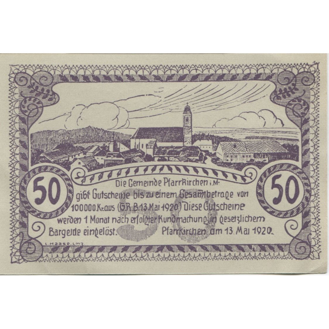Banknote, Austria, Pfarrkirchen, 50 Heller, village, 1920 UNC(63) Mehl:FS 744Ic