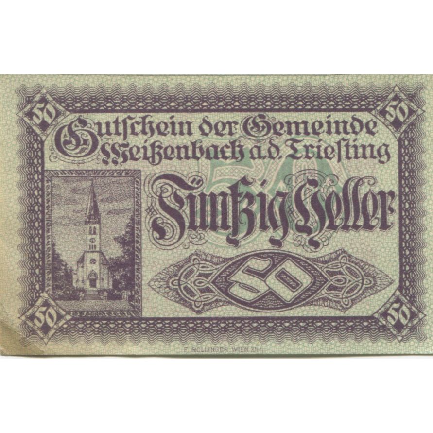 Billet, Autriche, Weisenbach, 50 Heller, Eglise 1920-10-31, SUP Mehl:FS 1155a