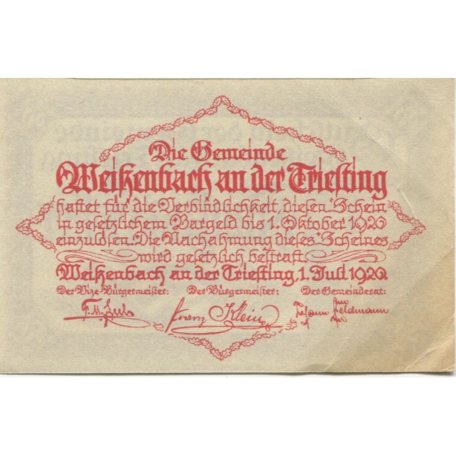 Billet, Autriche, Weisenbach, 50 Heller, Eglise 1920-10-31, SUP Mehl:FS 1155a