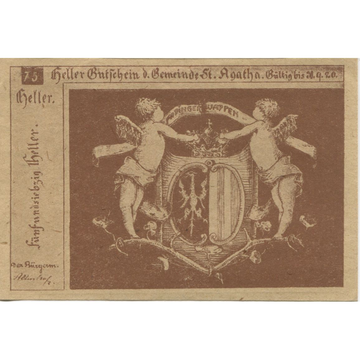 Banknote, Austria, St Agatha, 75 Heller, Blason, 1920 UNC(63) Mehl:FS 877