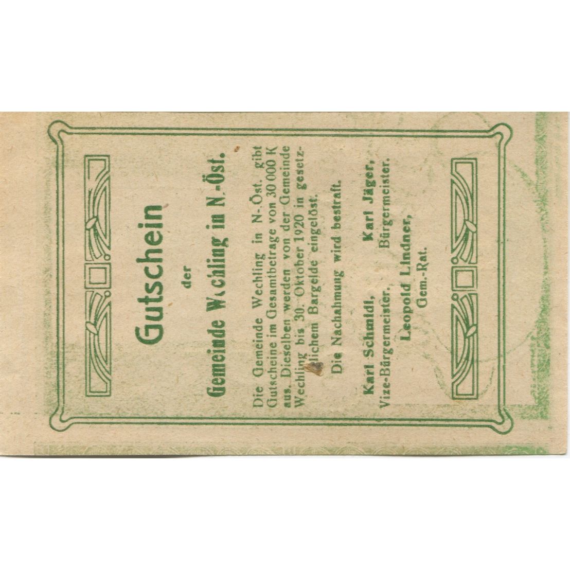 Billet, Autriche, Wechling, 50 Heller, Eglise 1920-10-30, SPL Mehl:FS 1145a