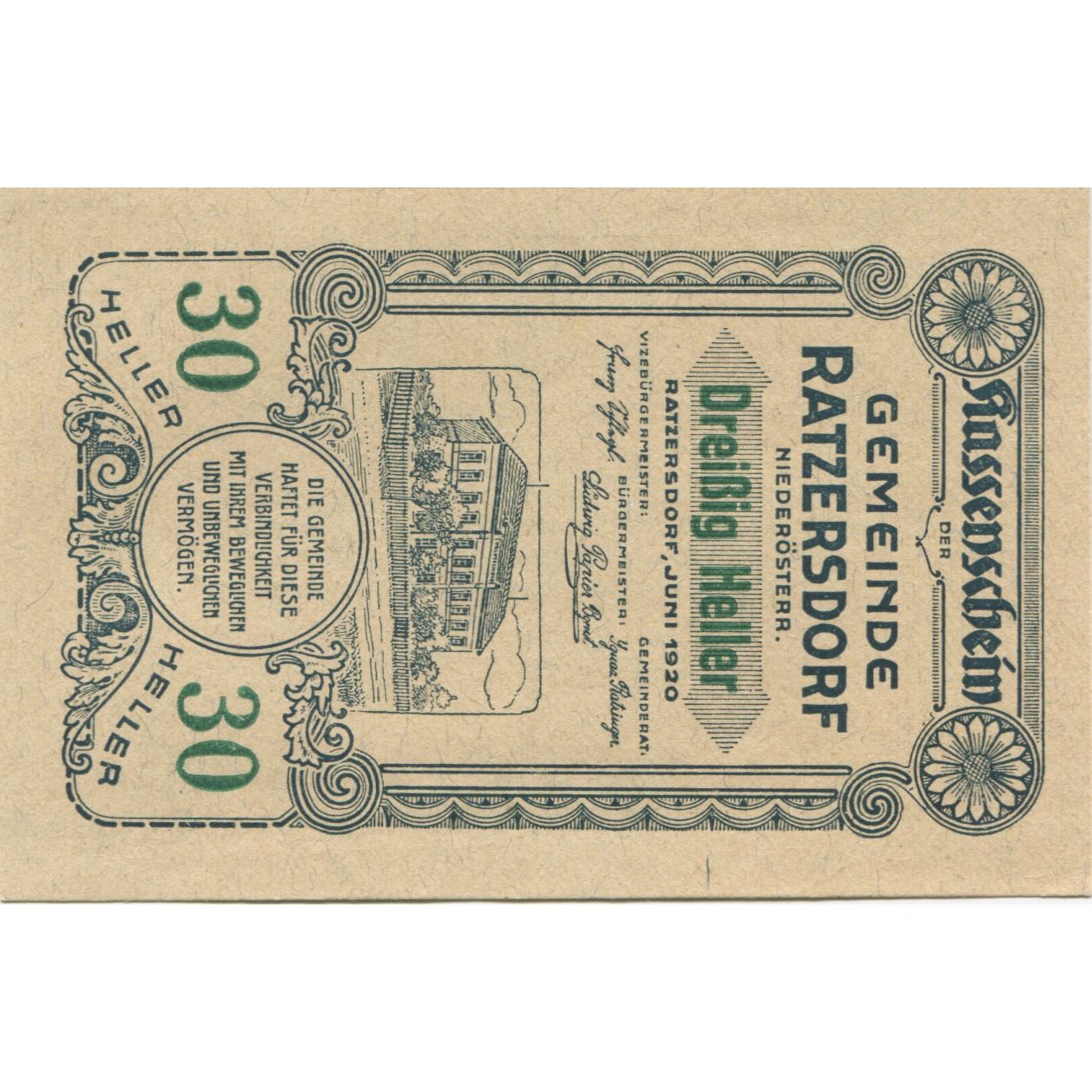 Billet, Autriche, Ratzersdorf, 30 Heller, château, 1920 SPL Mehl:FS 822