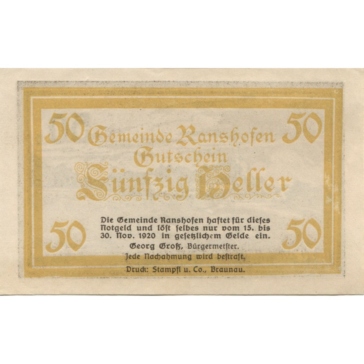 Biljet, Oostenrijk, Ranshofen, 50 Heller, paysage 1920-11-31, SPL Mehl:FS 819