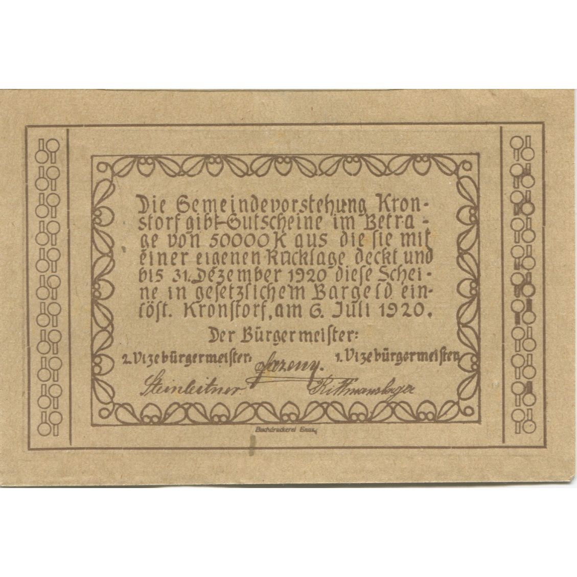 Biljet, Oostenrijk, Kronstorf, 50 Heller, Eglise 1920-12-31, SPL, Mehl:FS 486a