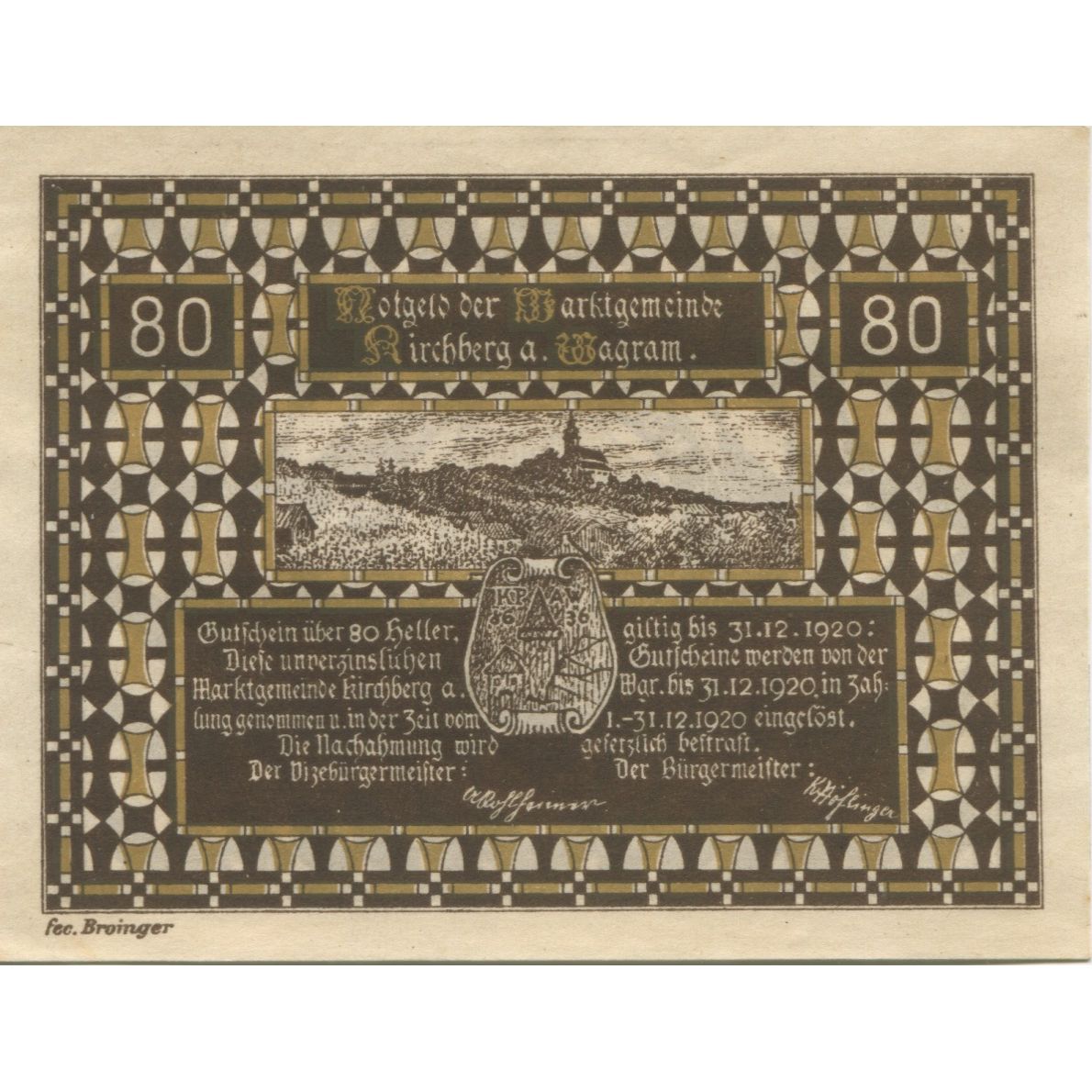 Billet, Autriche, Kirchberg, 80 Heller, Blason 1920-12-31, SPL, Mehl:FS 439