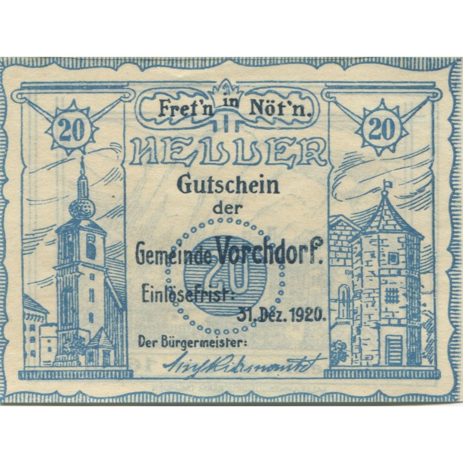 Banknote, Austria, Vorchdorf, 20 Heller, montagne, 1920 UNC(63) Mehl:FS 1119a