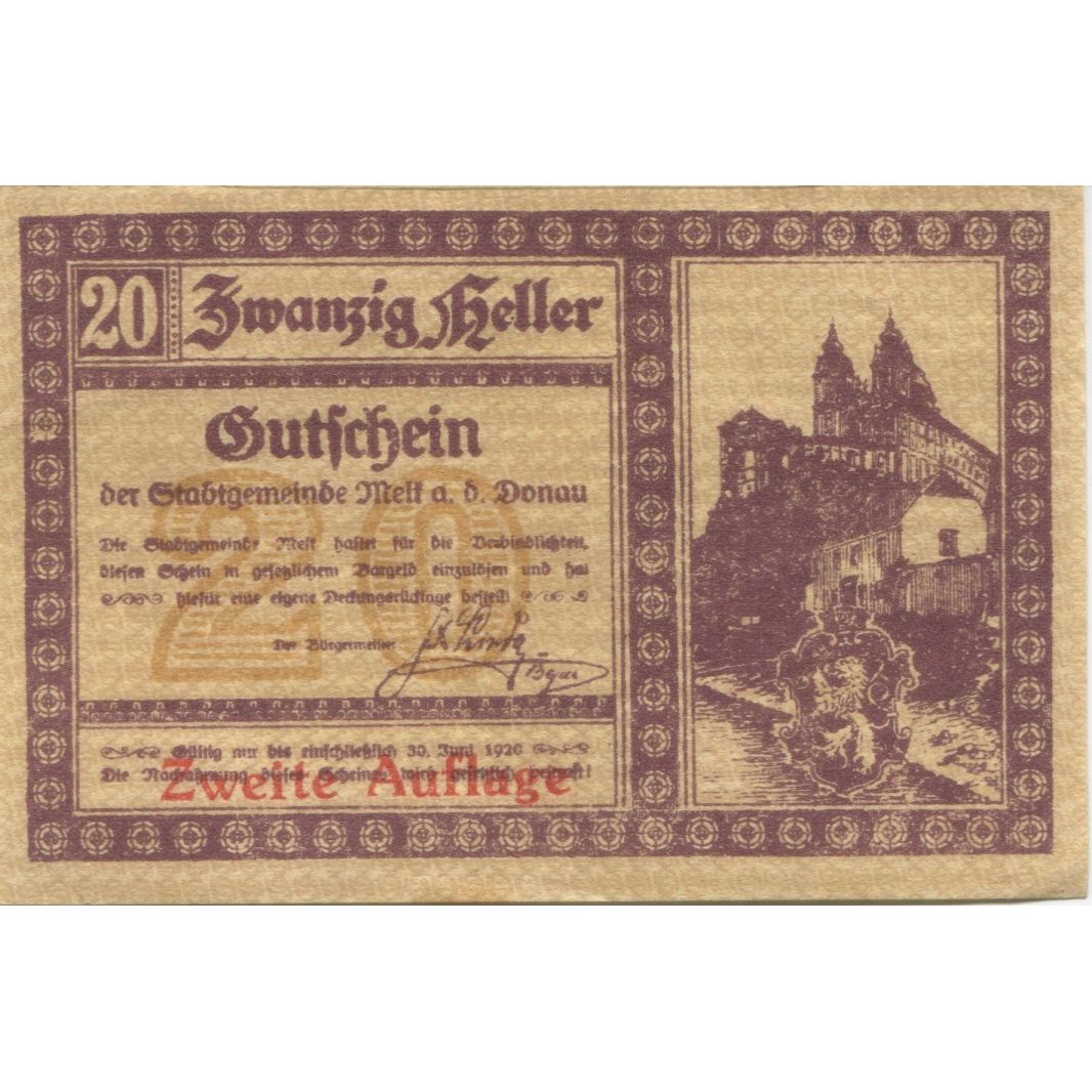 Billet, Autriche, Melt, 20 Heller, château, 1920, 1920-12-31, SPL, Mehl:FS 1085