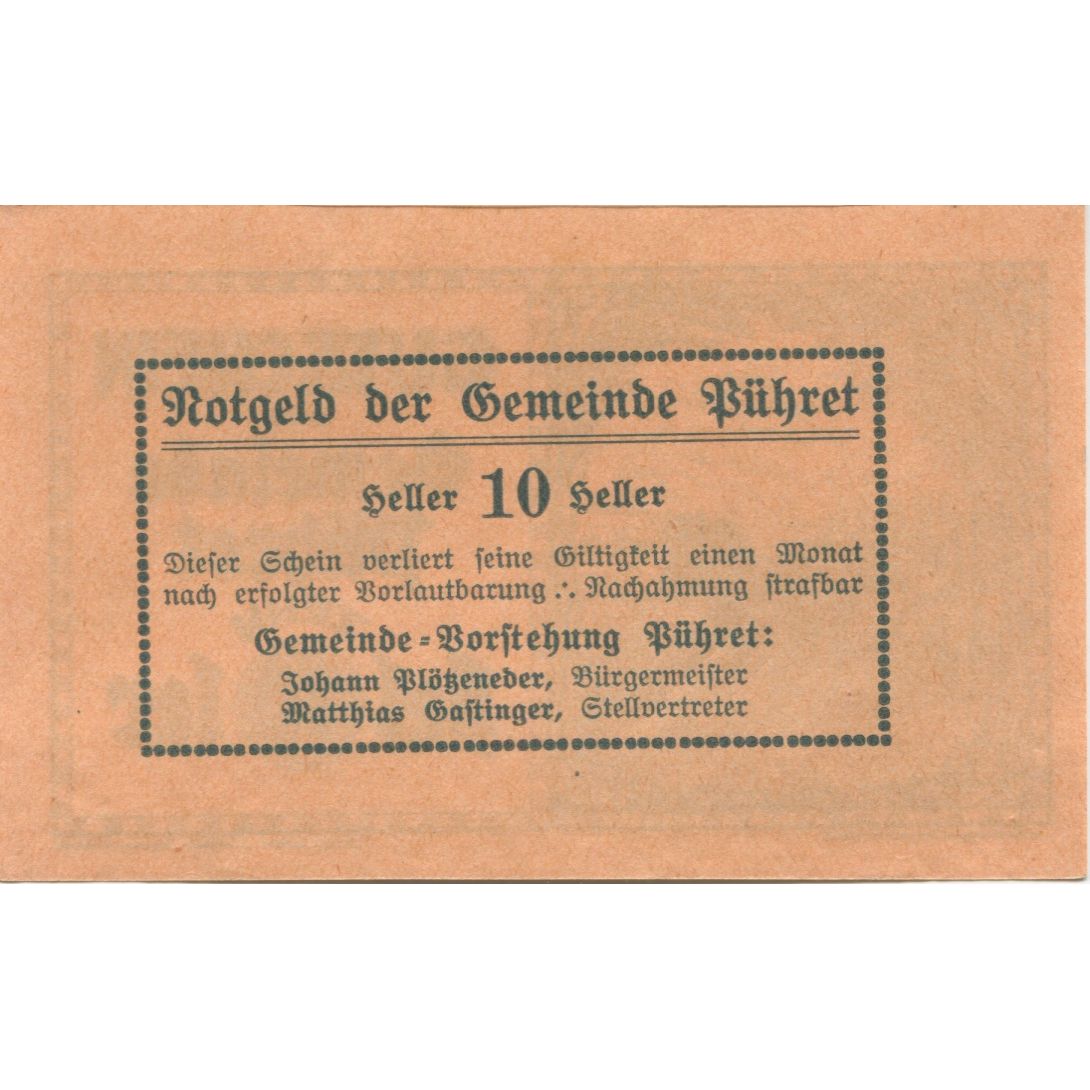 Billet, Autriche, Pühret, 10 Heller, champs, 1920, SPL, Mehl:FS 791a