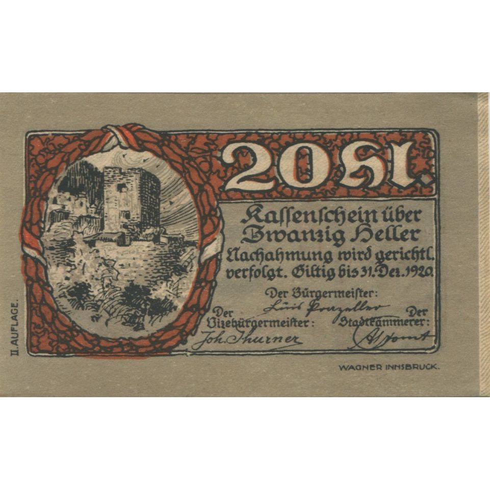 Billet, Autriche, Rattenberg, 20 Heller, Blason 1920-12-31, SPL, Mehl:FS 821I
