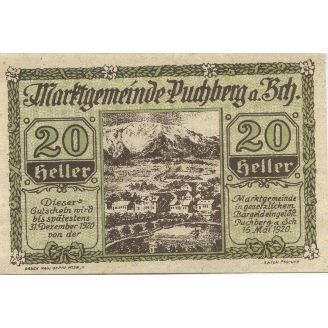 Billet, Autriche, Puchberg, 20 Heller, montagne 1920-12-31, SPL, Mehl:FS 786a