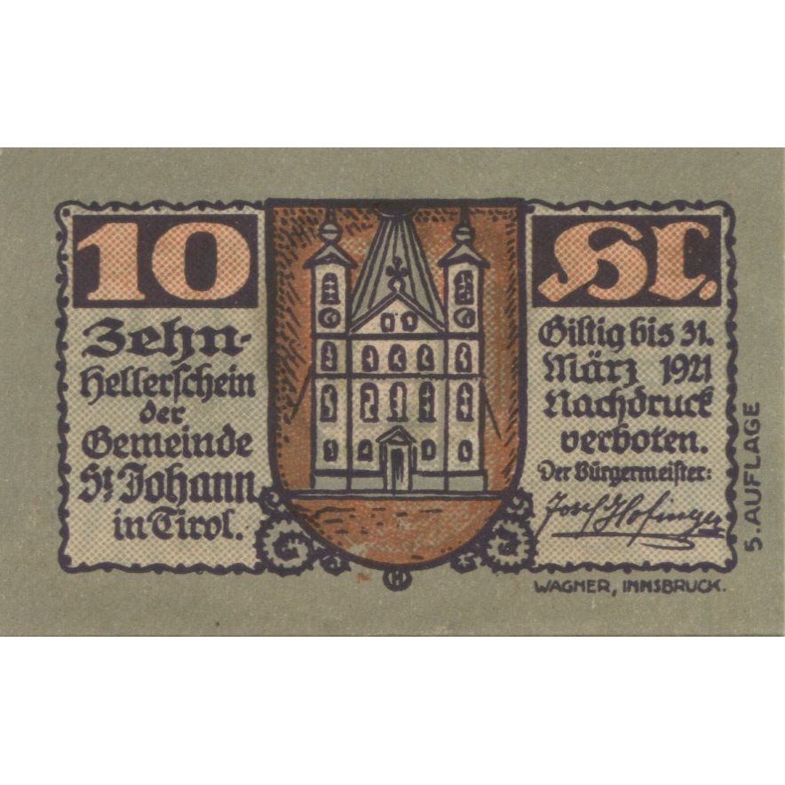 Billet, Autriche, St Johann, 10 Heller, Eglise 1921-03-31, SPL, Mehl:FS 898b