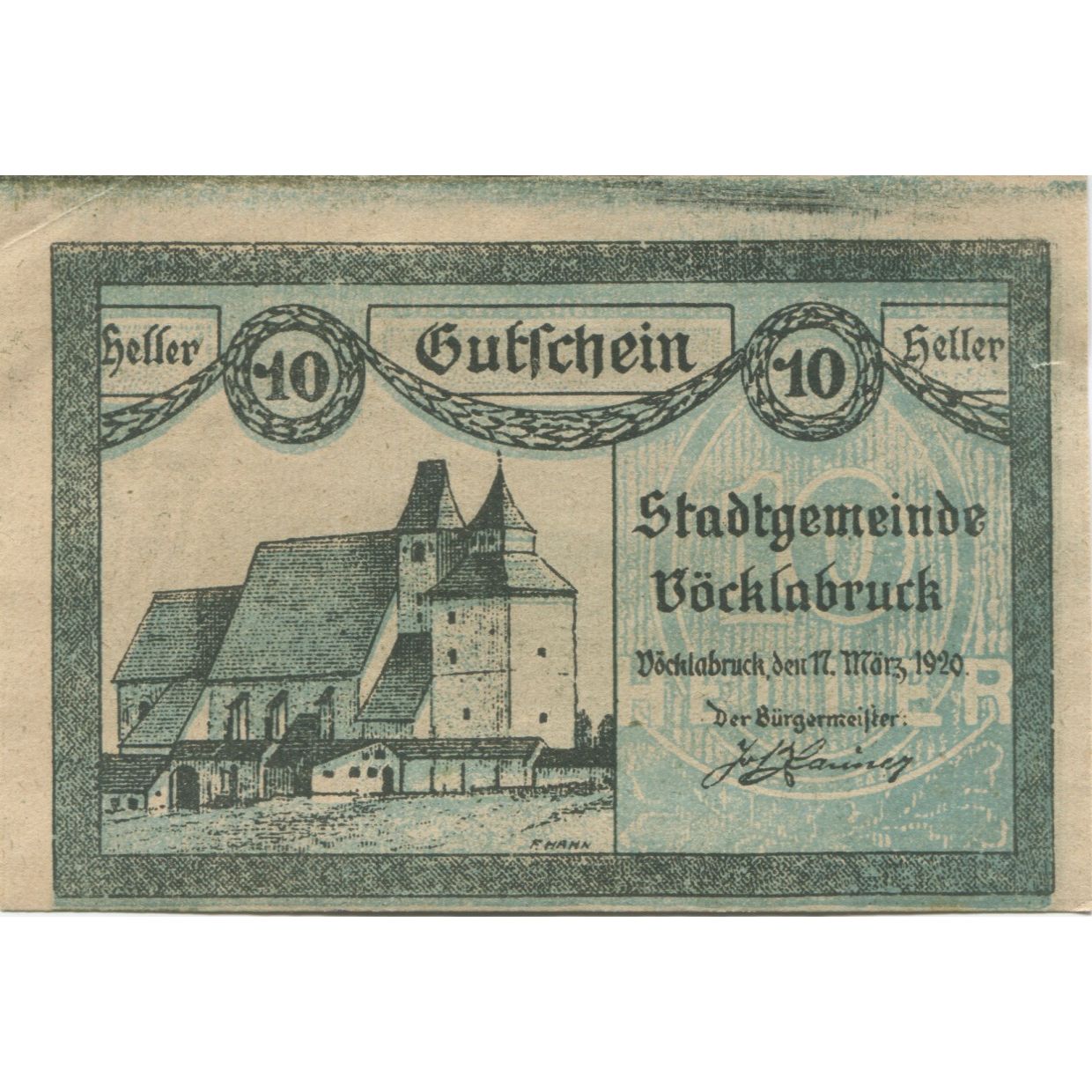 Banknote, Austria, Vocklabruck, 10 Heller, Eglise, 1920 UNC(63) Mehl:FS 1116