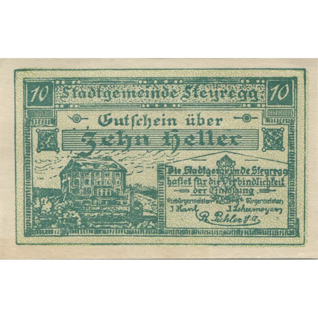 Banknote, Austria, Steyregg, 10 Heller, château, 1920 UNC(63) Mehl:FS 1036Ia