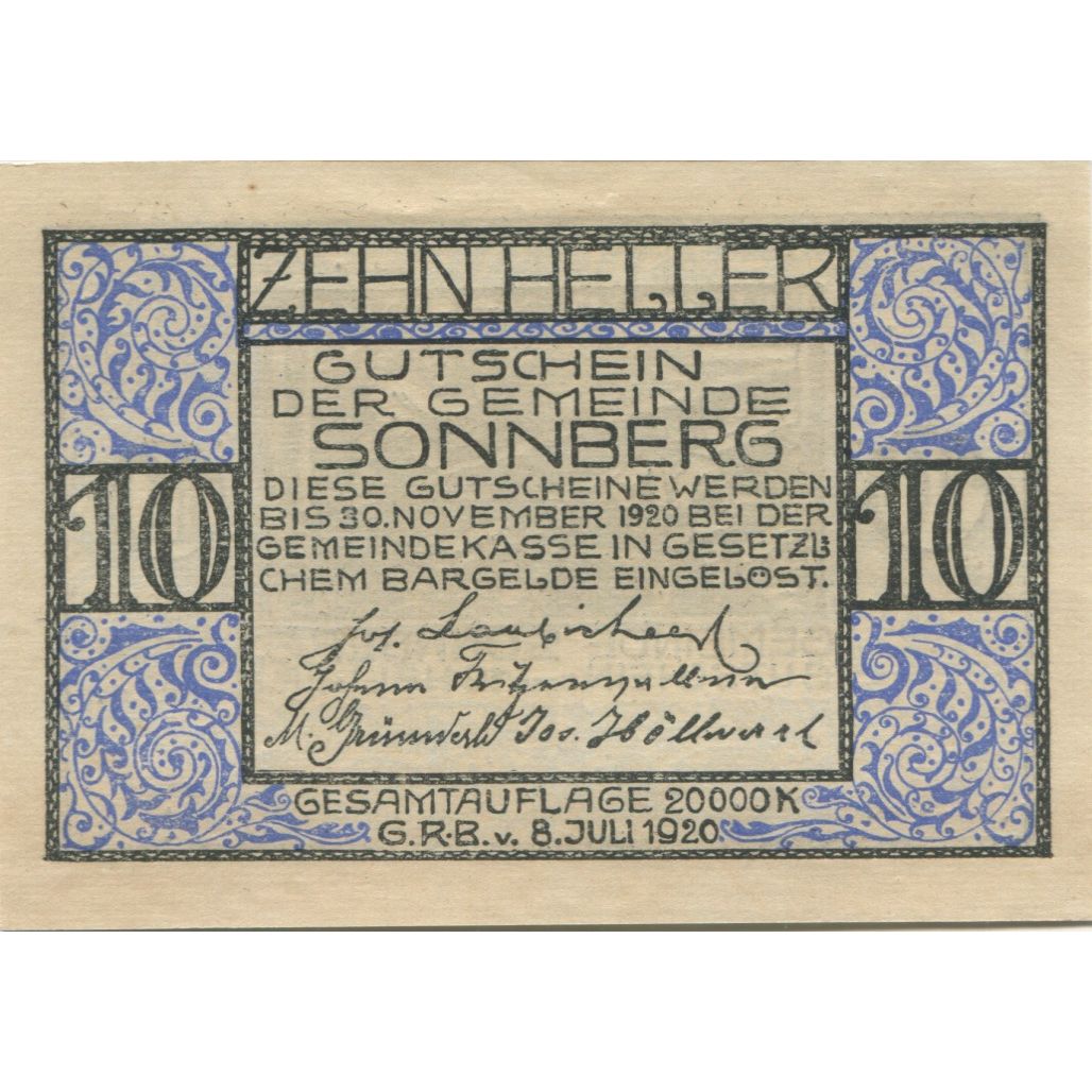 Biljet, Oostenrijk, Sonnberg, 10 Heller, Usine 1920-11-30, SPL, Mehl:FS 1004a
