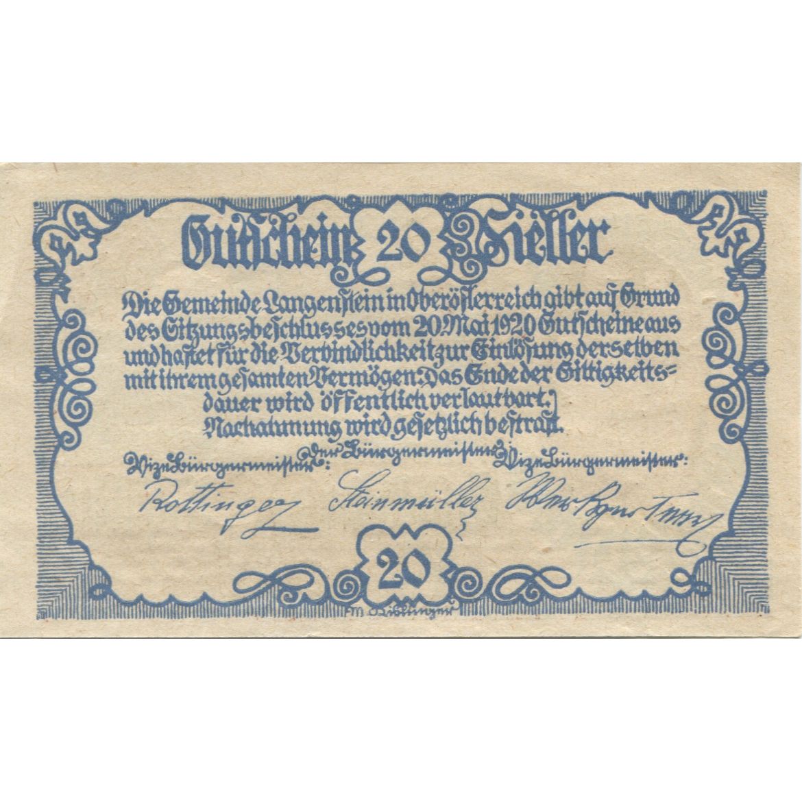 Banknote, Austria, Langenstein, 20 Heller, chevalier, 1920 UNC(63), Mehl:FS 502a