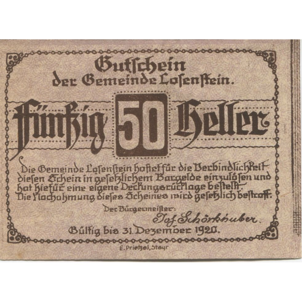 Billet, Autriche, Losenstein, 50 Heller, pont 1920-12-31, SPL, Mehl:FS 506