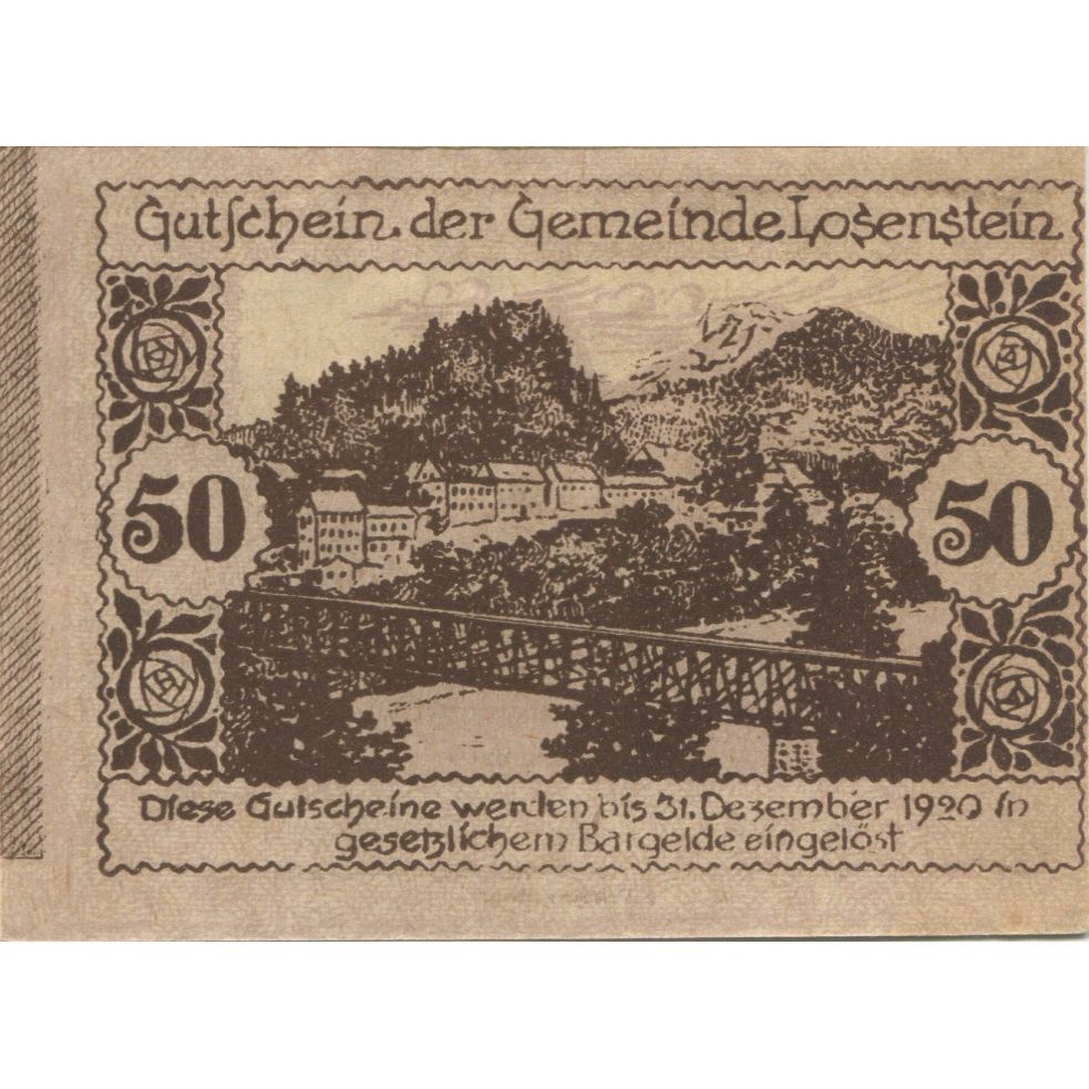 Billet, Autriche, Losenstein, 50 Heller, pont 1920-12-31, SPL, Mehl:FS 506