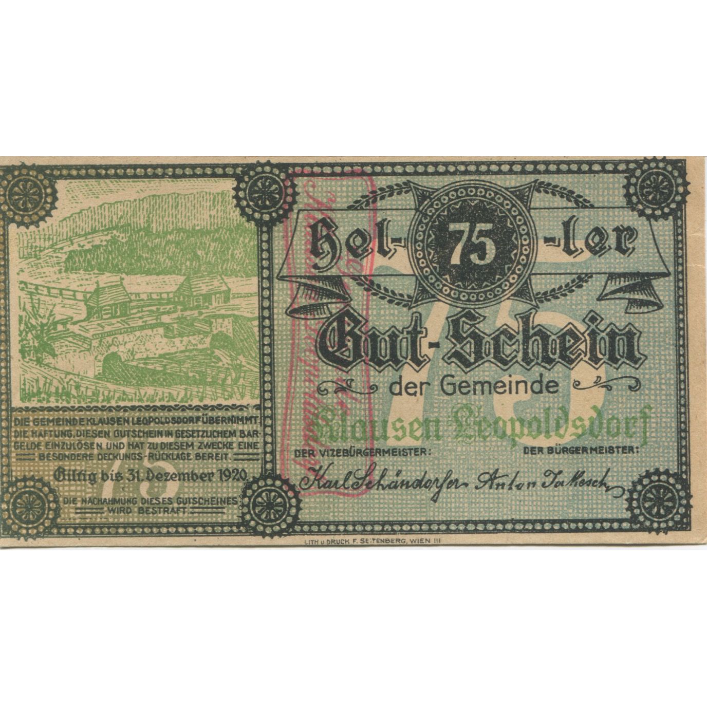 Banknot, Austria, Leopoldsdorf, 75 Heller, ferme 1920-12-31 UNC(63) Mehl:FS 455c