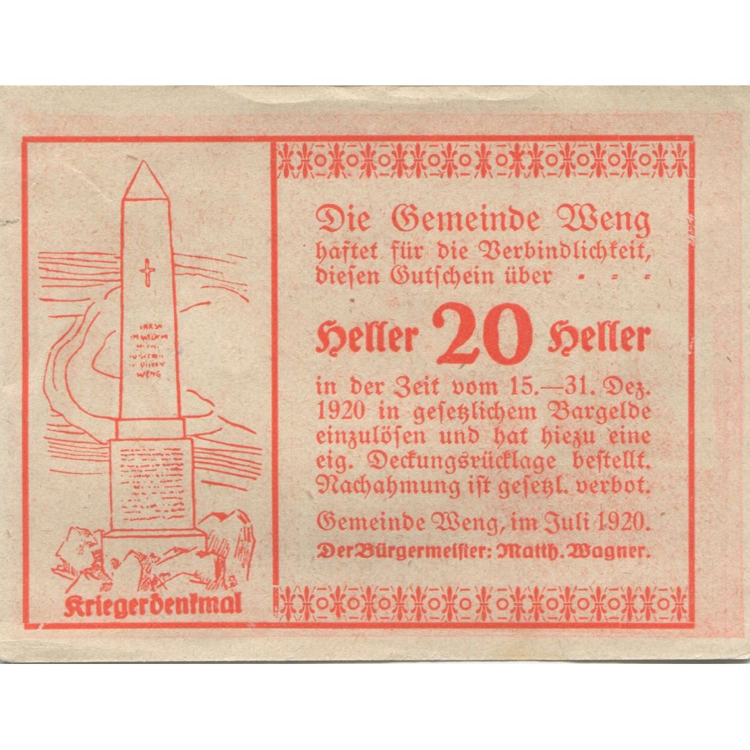 Banknote, Austria, Weng, 20 Heller, Monument 1920-12-31, UNC(63), Mehl:FS 1171