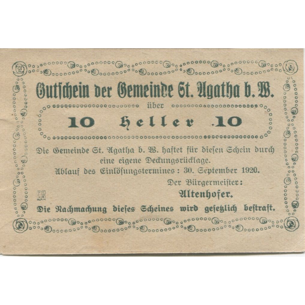 Biljet, Oostenrijk, St Agatha, 10 Heller, village 1920-09-30, SPL Mehl:FS 877b1