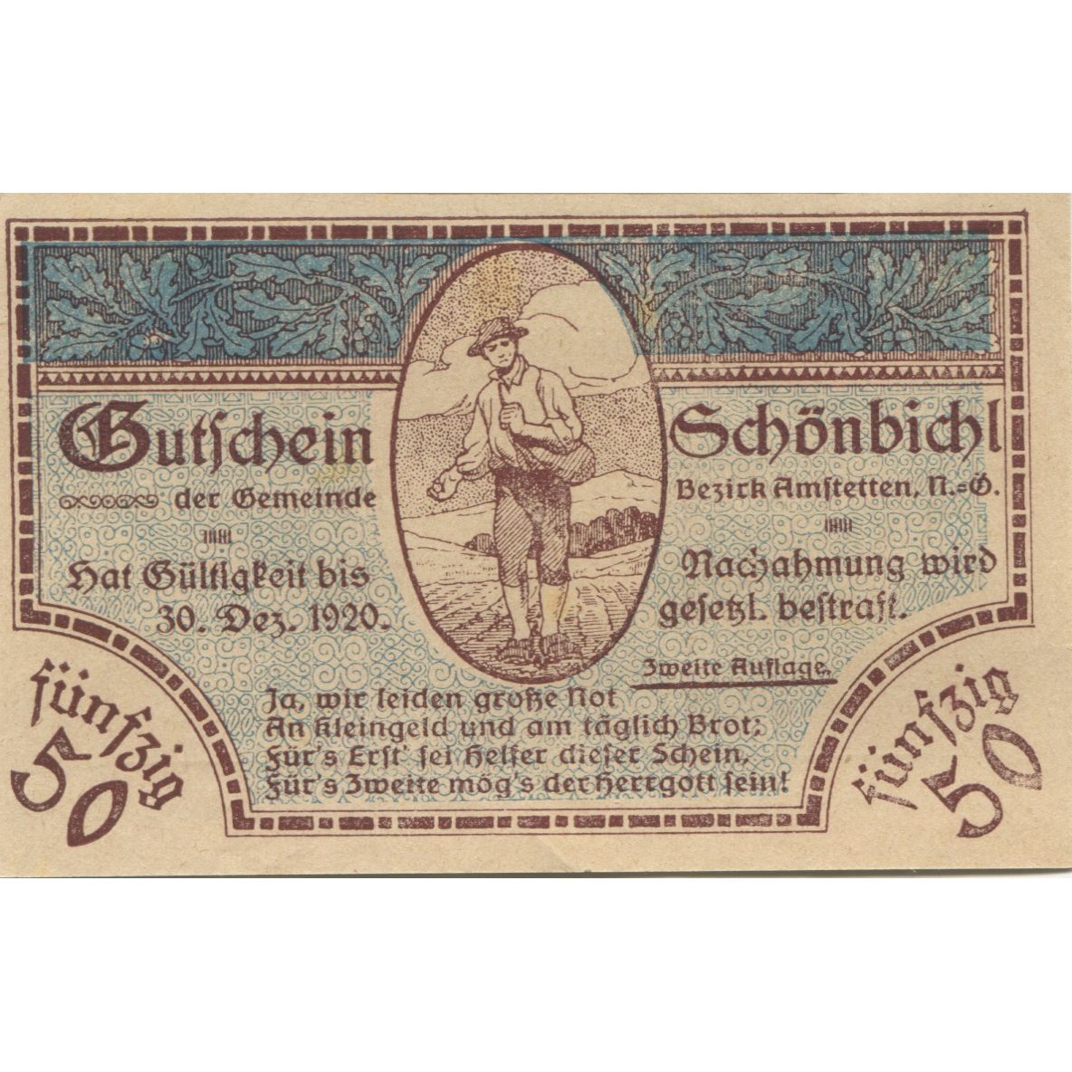 Geldschein, Österreich, Schonbichl, 50 Heller, champs, 1920 UNZ- Mehl:FS 969IIa