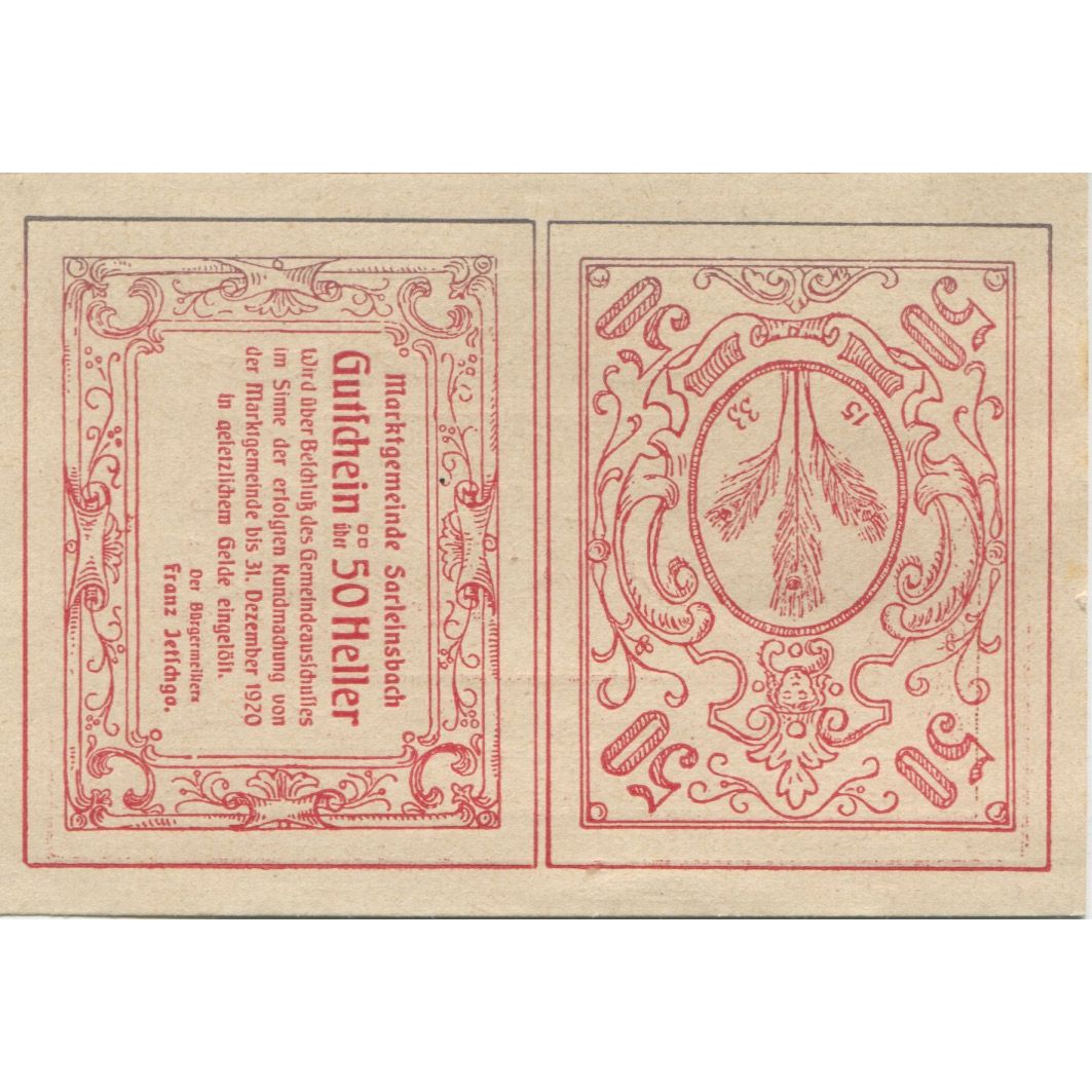 Billet, Autriche, Sarleinsbach, 50 Heller, blé 1920-12-31, SPL, Mehl:FS 948a