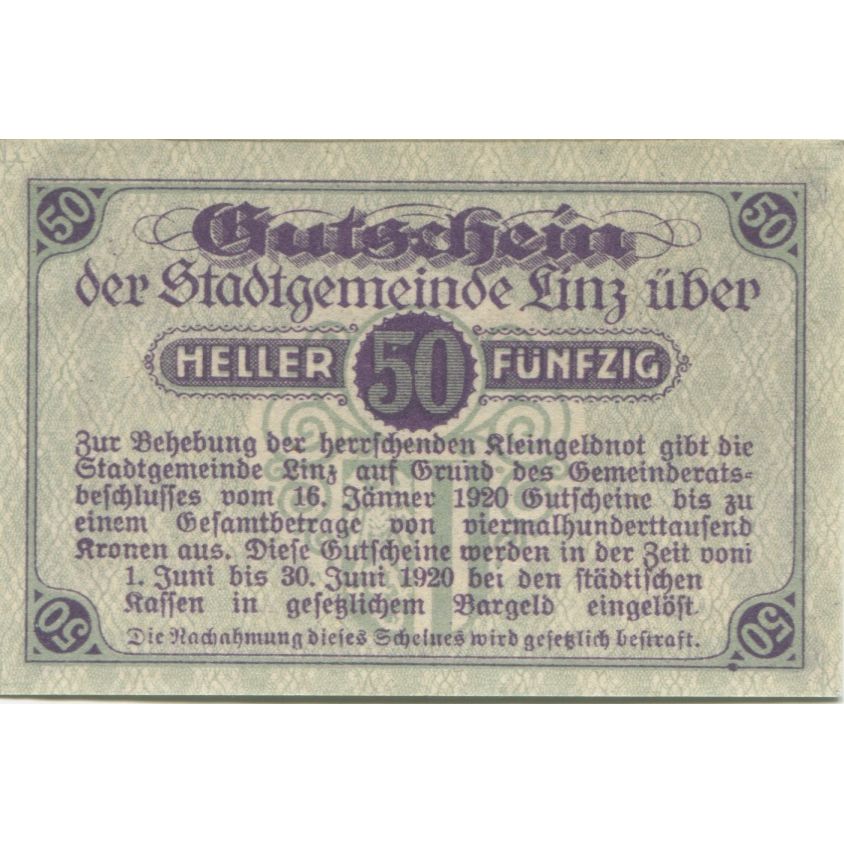 Banknote, Austria, Linz, 50 Heller, valeur faciale, 1920, UNC(63) Mehl:FS 529b