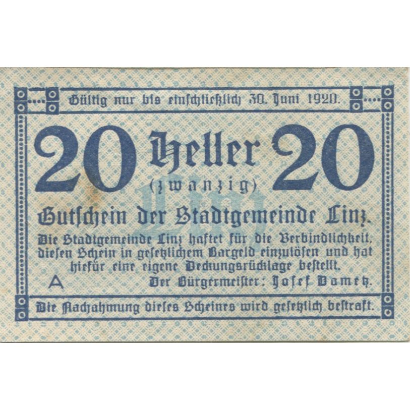 Billet, Autriche, Linz, 20 Heller, valeur faciale, 1920 SPL Mehl:FS 529b