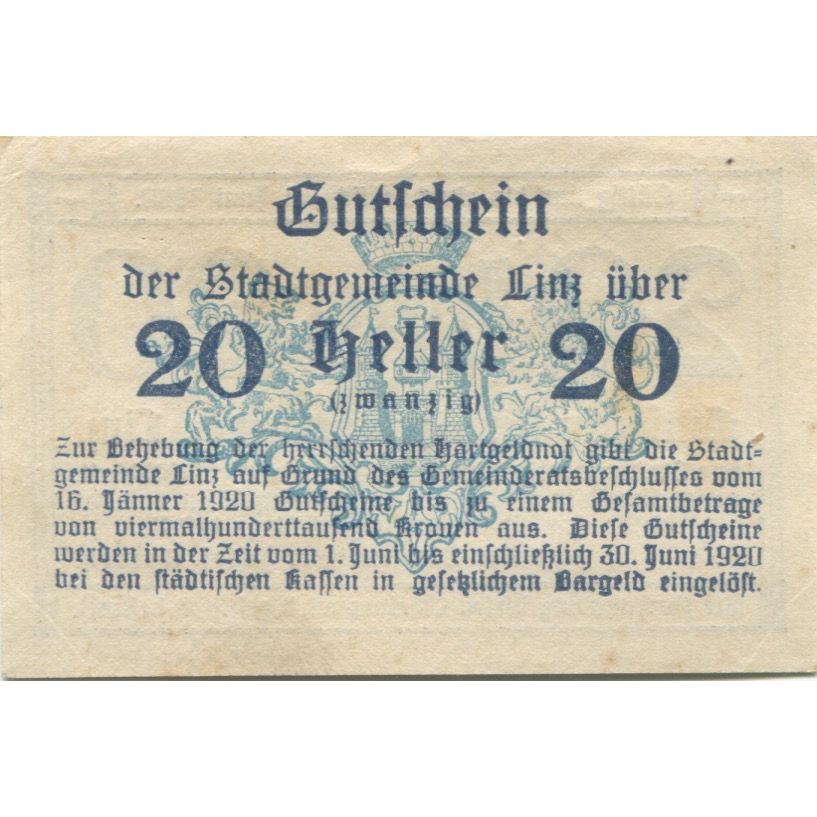 Billet, Autriche, Linz, 20 Heller, valeur faciale, 1920 SPL Mehl:FS 529b