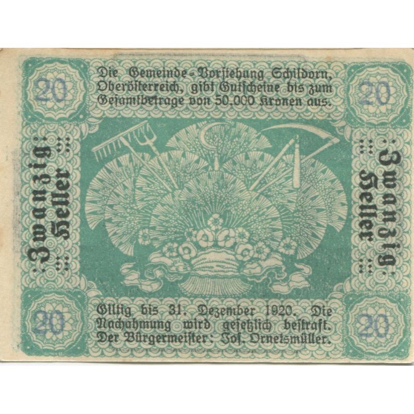Banknote, Austria, Schildorn, 20 Heller, champs, 1920 UNC(63) Mehl:FS 959a
