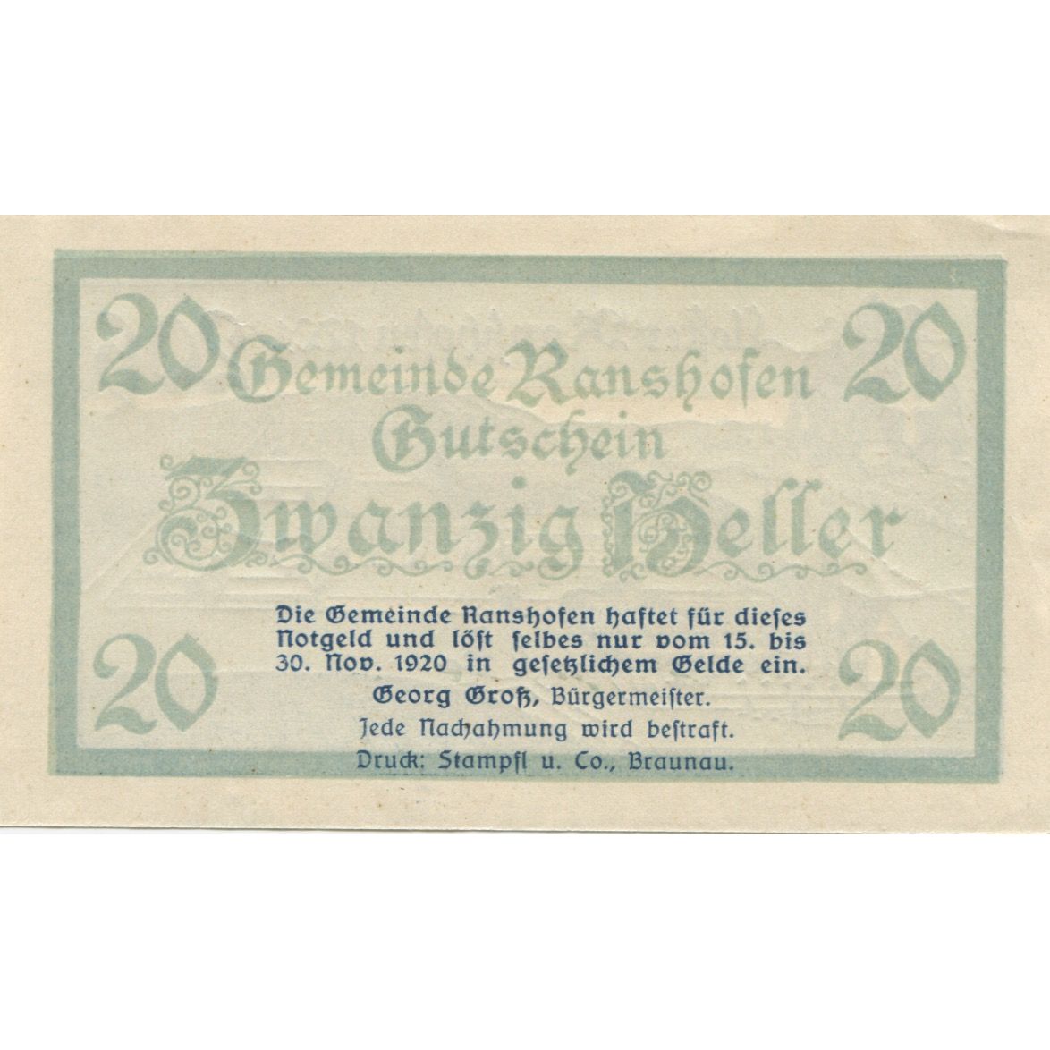 Banknote, Austria, Ranshofen, 20 Heller, château, 1920 UNC(63) Mehl:FS 819Ca