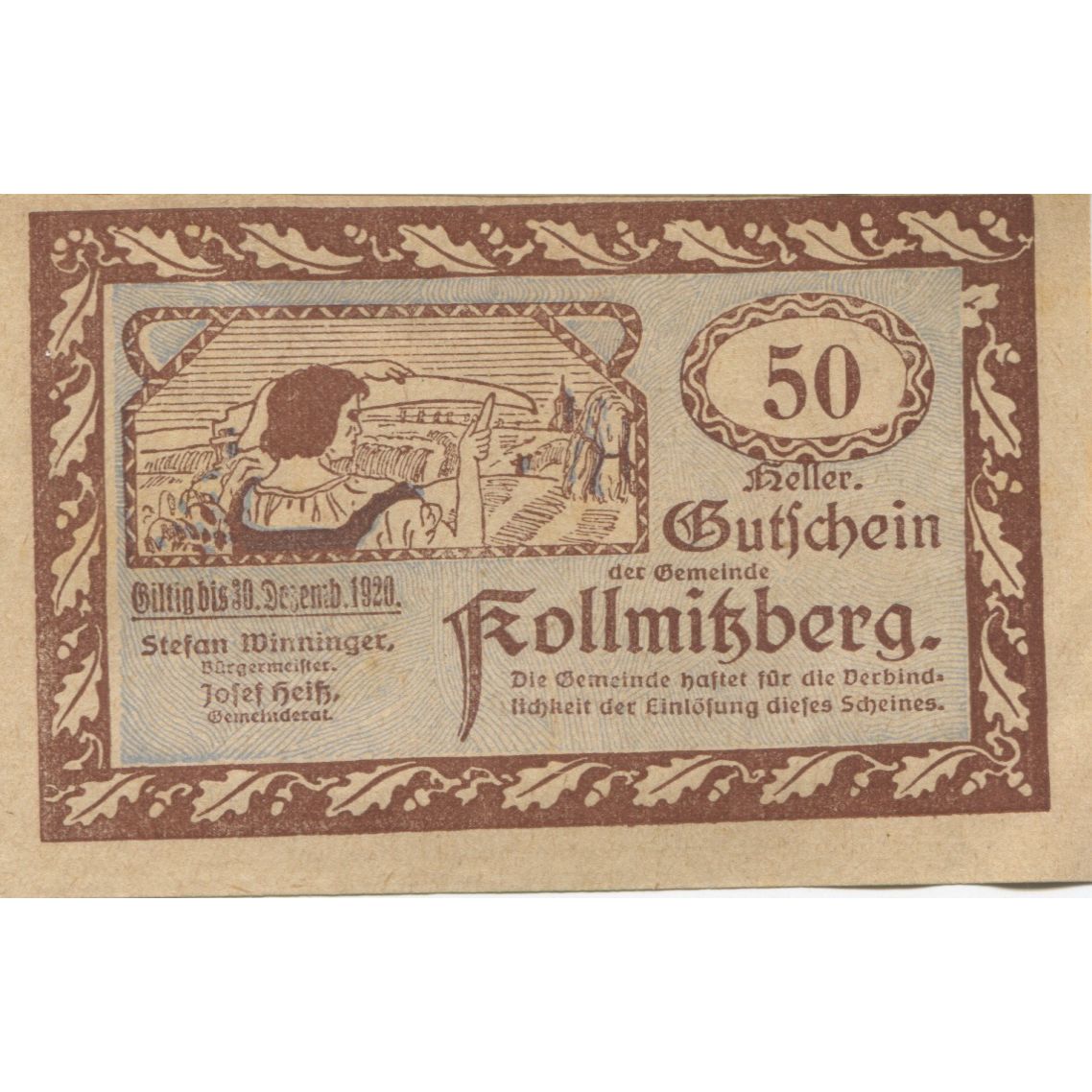 Banknote, Austria, Kollmitzberg, 50 Heller, champs, 1920 UNC(63) Mehl:FS 462b