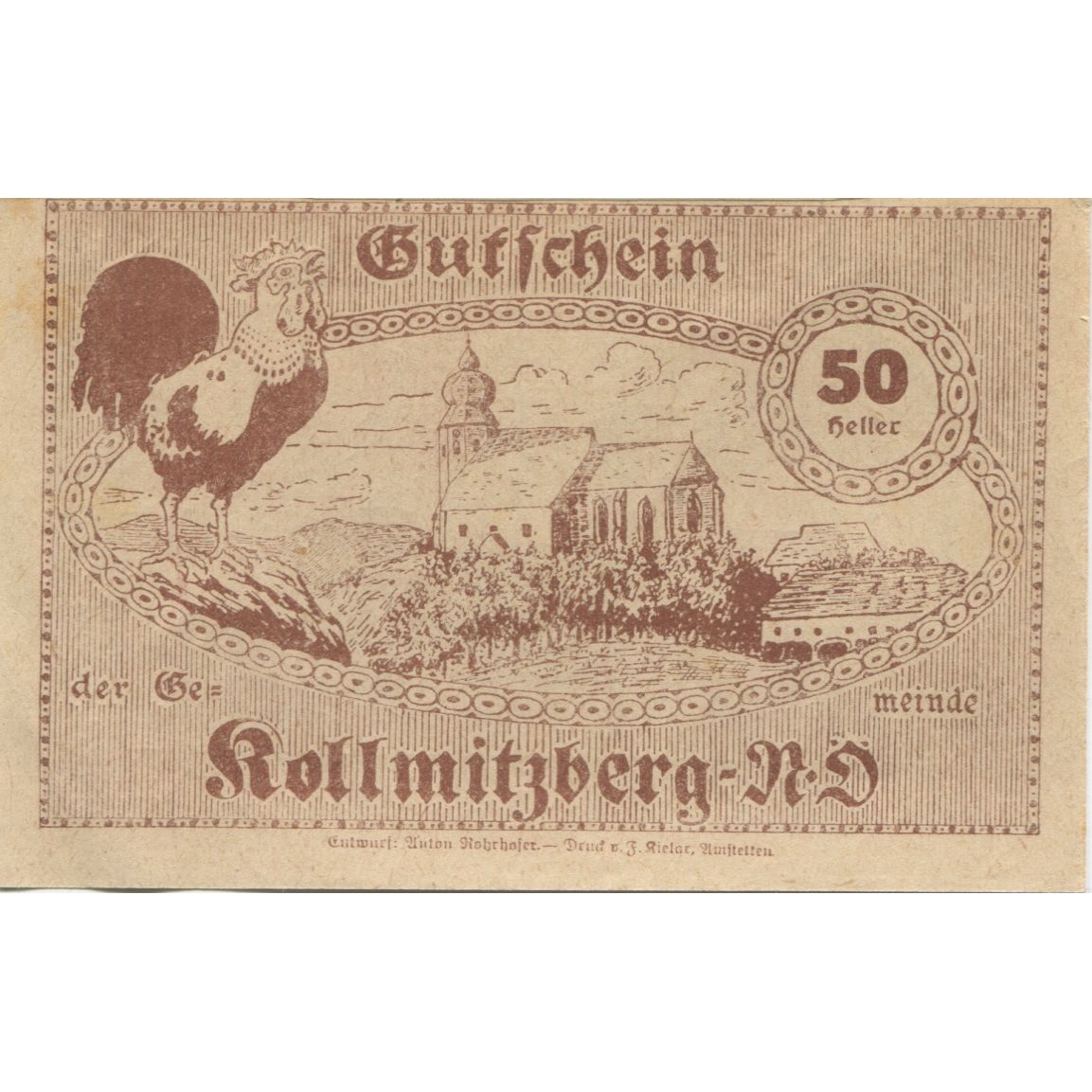 Banknote, Austria, Kollmitzberg, 50 Heller, champs, 1920 UNC(63) Mehl:FS 462b