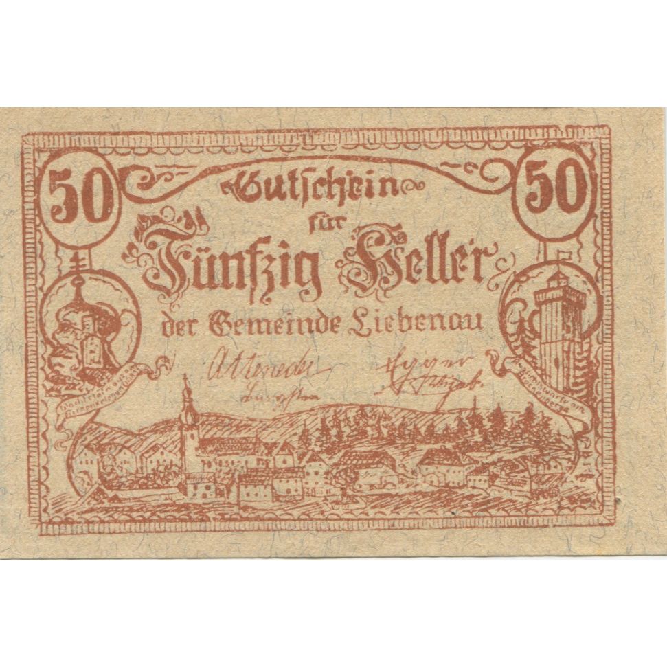 Banknote, Austria, Liebenau, 50 Heller, paysage, 1921 UNC(63) Mehl:FS 521