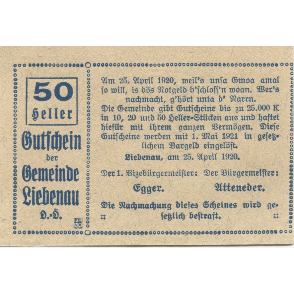 Banknote, Austria, Liebenau, 50 Heller, paysage, 1921 UNC(63) Mehl:FS 521