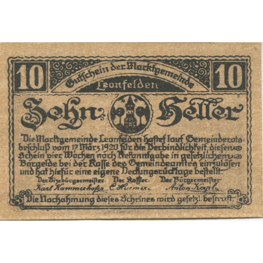 Geldschein, Österreich, Leonfelden, 10 Heller, avenue, 1920 UNZ- Mehl:FS 514