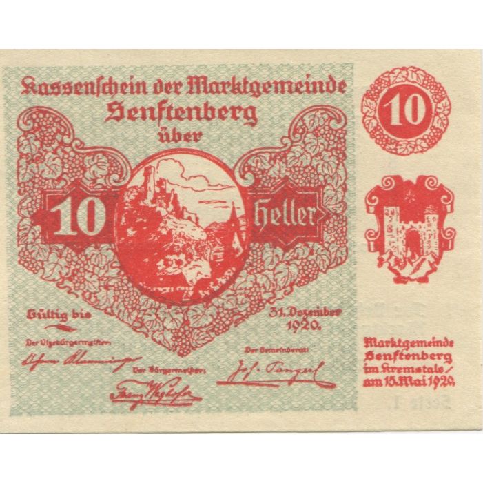 Biljet, Oostenrijk, Senftenberg, 10 Heller, château 1920-12-31, SPL Mehl:FS 993a