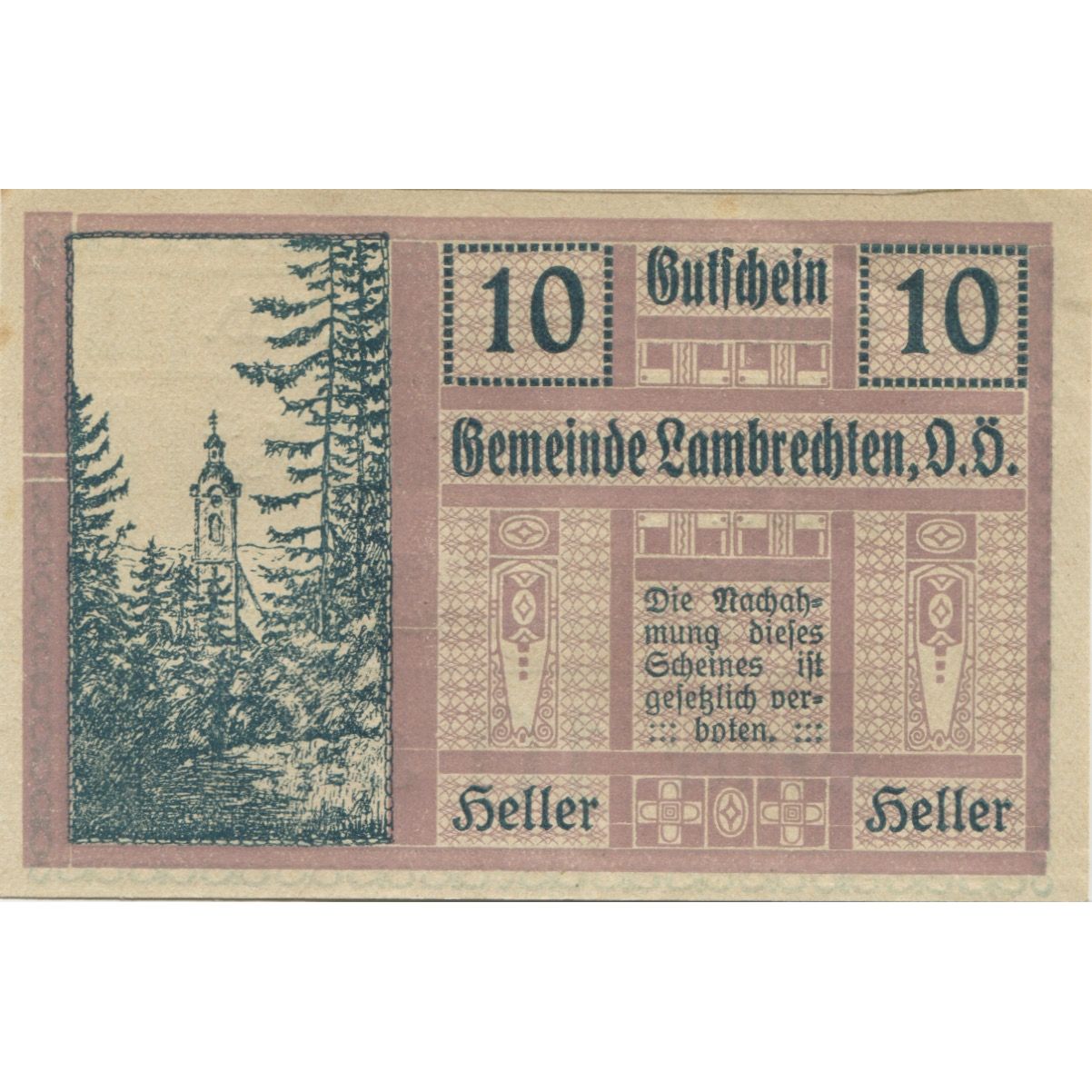 Banknote, Austria, Lambrechten, 10 Heller, Forêt, 1920 AU(55-58) Mehl:FS 497b