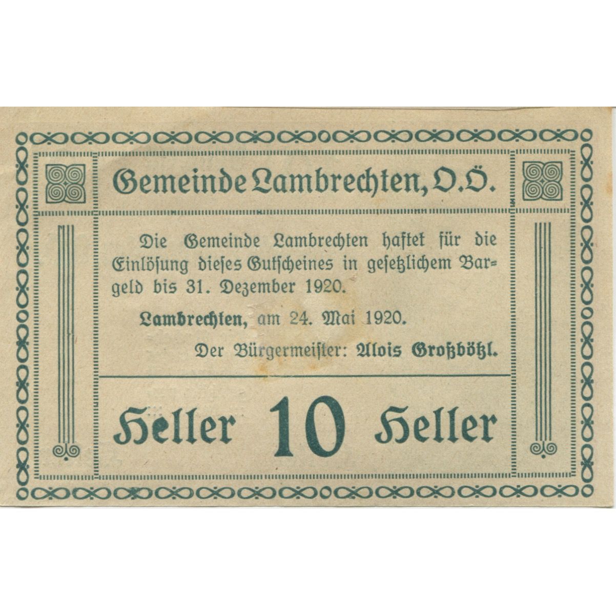 Banknote, Austria, Lambrechten, 10 Heller, Forêt, 1920 AU(55-58) Mehl:FS 497b