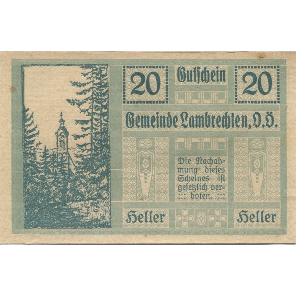 Banknote, Austria, Lambrechten, 20 Heller, Eglise, 1920 AU(55-58) Mehl:FS 497b