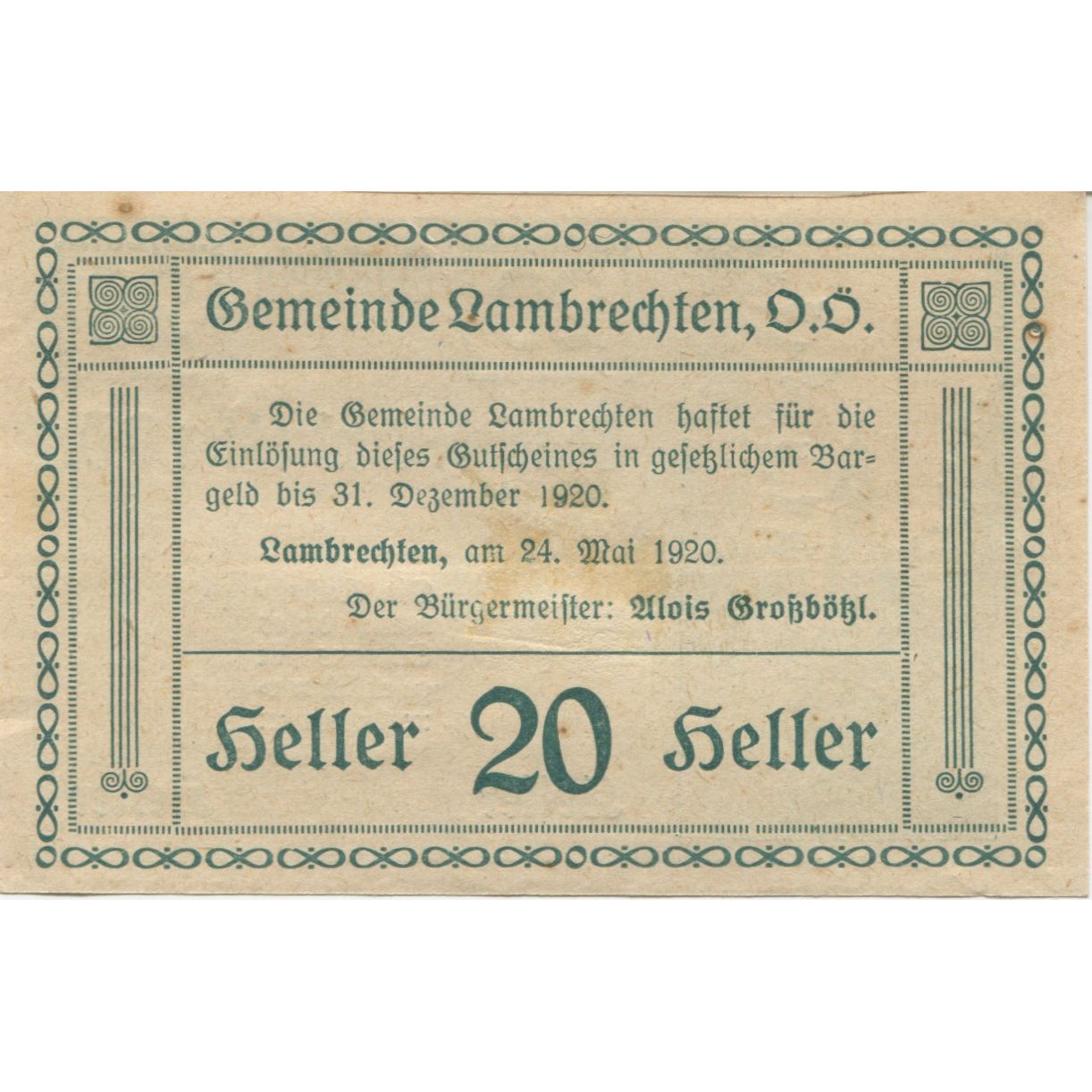 Banknote, Austria, Lambrechten, 20 Heller, Eglise, 1920 AU(55-58) Mehl:FS 497b