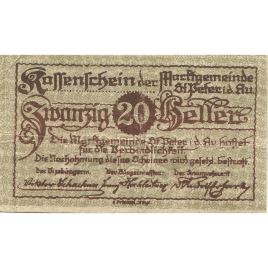 Banknote, Austria, St Peter, 20 Heller, village, 1921 EF(40-45) Mehl:FS 924a