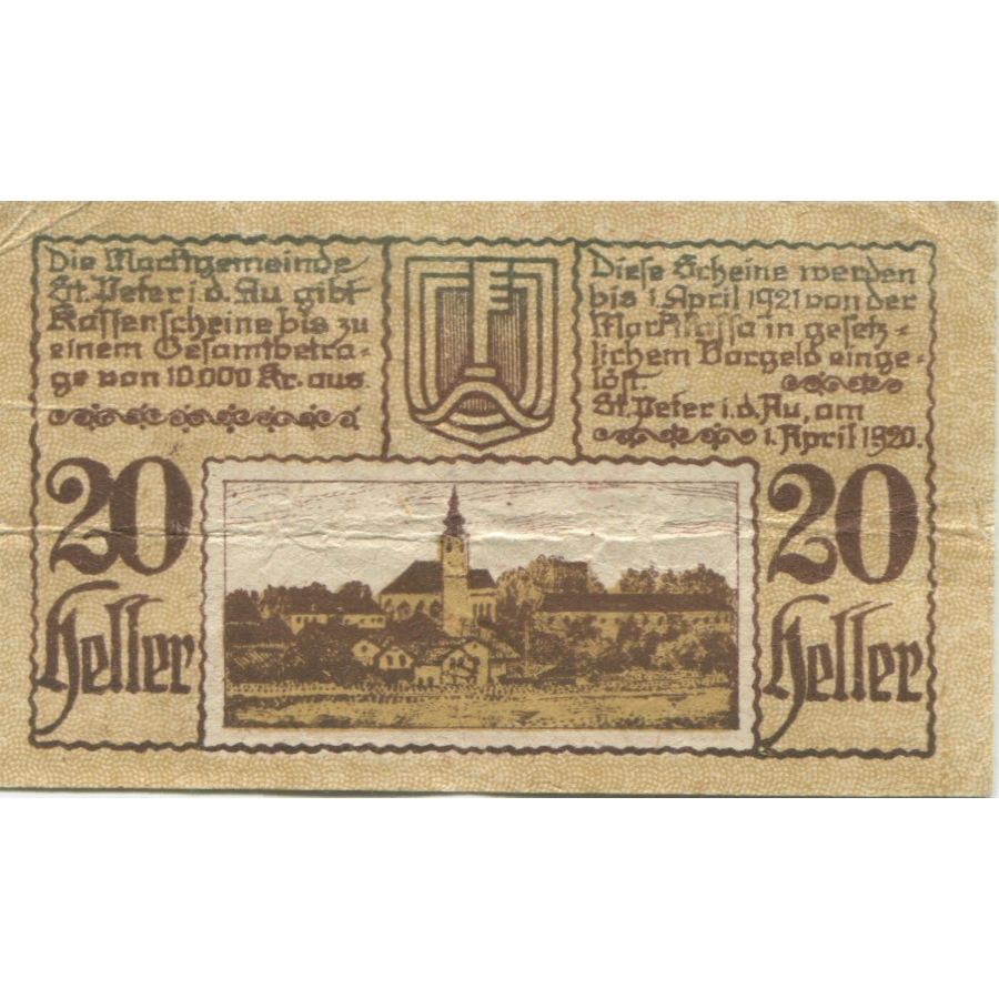 Banknote, Austria, St Peter, 20 Heller, village, 1921 EF(40-45) Mehl:FS 924a